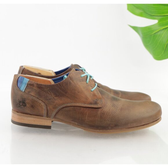 John Fluevog Mens CBC Radio Oxfords Size 8 M Brown Leather Turquoise Dress Shoe - Picture 7 of 16